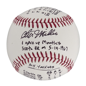 Stu Miller (Gave Up Mantles 500th Home Run) Signed Story/Line Score  Baseball (PSA/DNA)